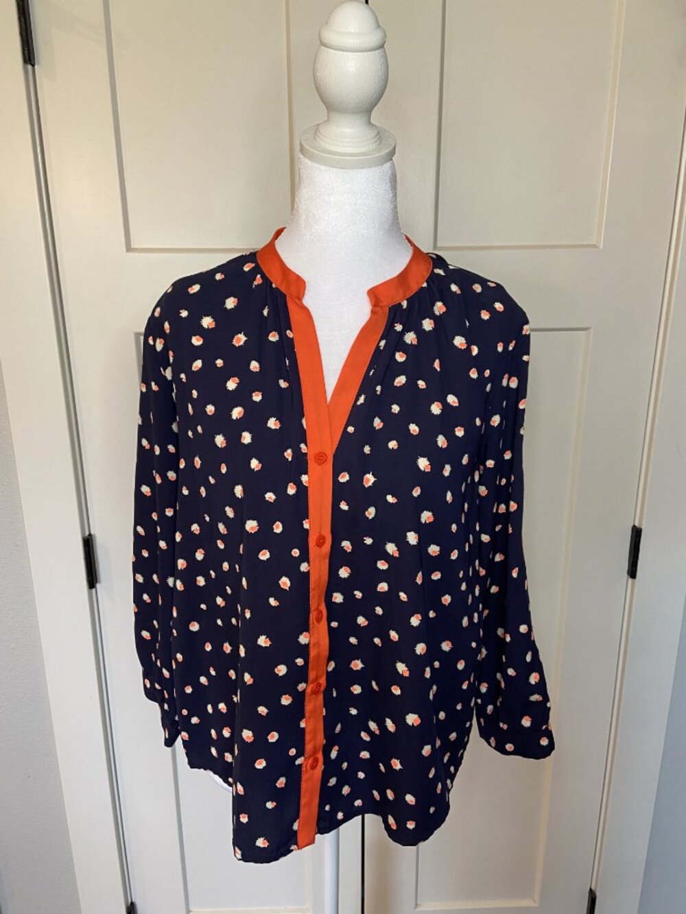 Collective Concepts Navy Polka Dot Blouse Orange Trim Button Front Top Size M